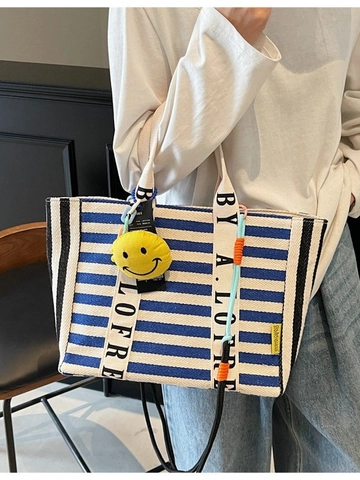 Large Striped Canvas Tote Bag Women Casual Korean Style Shoulder Bag With Letter Webbing Fashion Daily Travel Handbag