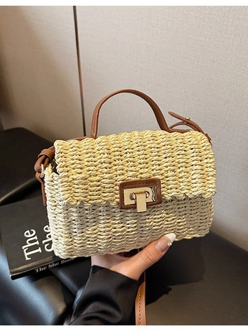 Retro Woven Straw Crossbody Bag For Women Vintage PU Leather Handbag Small Square Beach Bag With Metal Lock