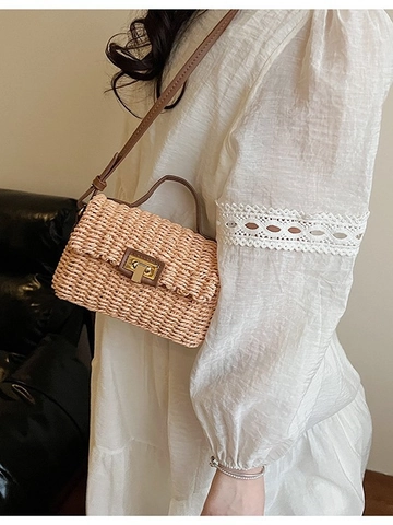 Retro Woven Straw Crossbody Bag For Women Vintage PU Leather Handbag Small Square Beach Bag With Metal Lock
