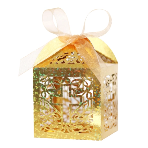 Caja de Caramelos de Papel de Purpurina Hueca de Cruz de Corte Láser Caja de Regalo de Boda Con Cinta Decoración de Bautizo