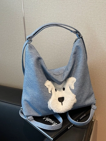 Bolso de Hombro de Cuero PU de Gran Capacidad para Mujer Mochila Retro Casual Con Parche de Cachorro de Peluche Bordado