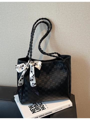 Checkered Large Capacity Tote Bag For Women PU Leather Braided Handle Shoulder Bag With Silk Scarf Daily Commuting Handbag