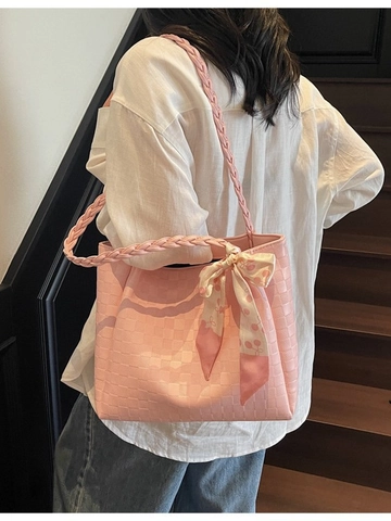 Checkered Large Capacity Tote Bag For Women PU Leather Braided Handle Shoulder Bag With Silk Scarf Daily Commuting Handbag