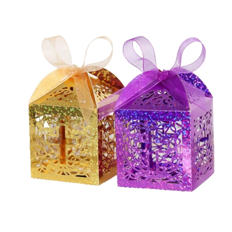 Caja de Caramelos de Papel de Purpurina Hueca de Cruz de Corte Láser Caja de Regalo de Boda Con Cinta Decoración de Bautizo