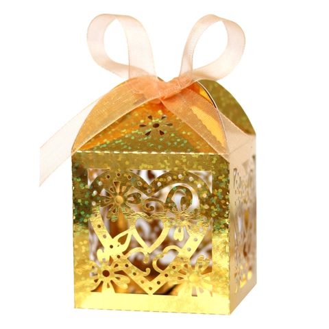 Glitter Laser Cut Heart Shaped Favor Box With Ribbon Romantic Wedding Party Candy Chocolate Gift Packaging Boxes