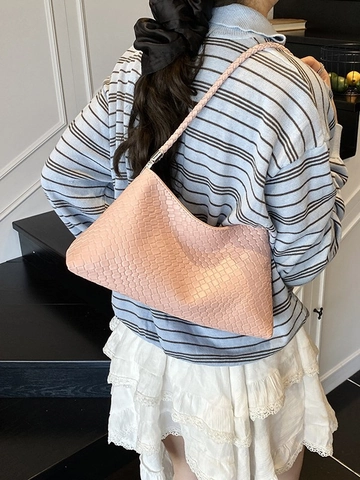 Bolso de Axila de Cuero PU Tejido Minimalista para Mujer Bolso de Hombro Retro Bolso de Cubo Casual Versátil para Mujer Diario