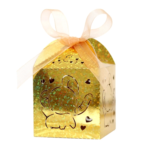 Caja de Caramelos Calada Elefante Corte Láser Papel con Brillo Caja de Regalo con Lazo para Boda Fiesta de Cumpleaños