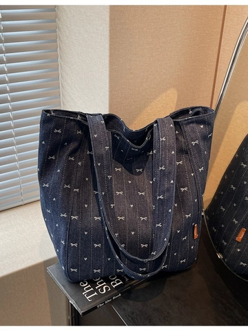 Casual Women Denim Canvas Tote Bag Bow Heart Printed Large Capacity Shoulder Bag Sweet Student Daily Shopping Handbag