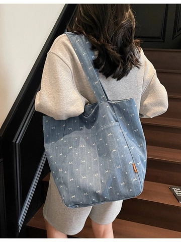Casual Women Denim Canvas Tote Bag Bow Heart Printed Large Capacity Shoulder Bag Sweet Student Daily Shopping Handbag