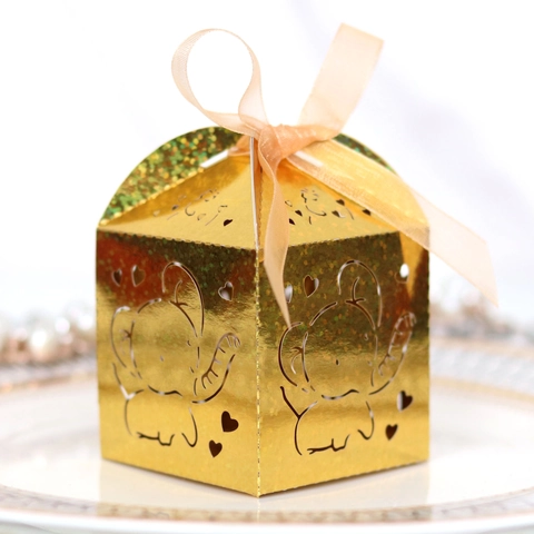 Caja de Caramelos Calada Elefante Corte Láser Papel con Brillo Caja de Regalo con Lazo para Boda Fiesta de Cumpleaños