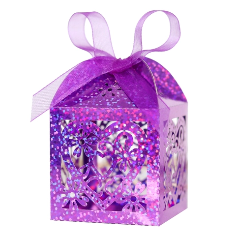 Glitter Laser Cut Heart Shaped Favor Box With Ribbon Romantic Wedding Party Candy Chocolate Gift Packaging Boxes
