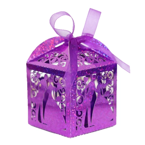 Laser Cut Hollow Wedding Candy Box Groom Bride Silhouette Ribbon Glitter Pearlescent Paper Gift Box Favors Party Supplies