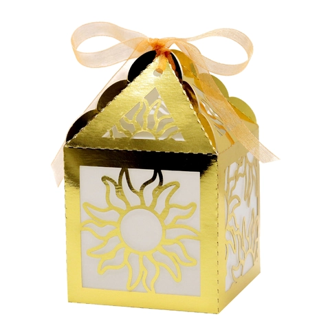 Caja de Regalo de Papel Dorado con Corte Láser y Patrón de Sol para Boda Fiesta Empaque de Dulces con Cinta Caja Decorativa de Lujo