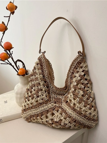 Grand Sac Cabas Tricoté Tissé pour Femme Motifs Géométriques Crochet Ajouré Sac à Épaule Vacances d'Été Plage Shopping