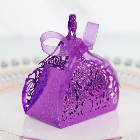 Laser Cut Princess Dress Shape Glitter Candy Box Wedding Party Favor Gift Packaging Box With Ribbon Rose Pattern