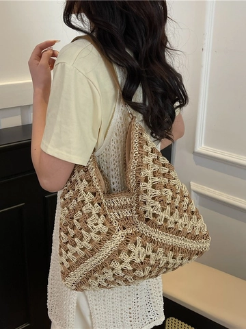 Grand Sac Cabas Tricoté Tissé pour Femme Motifs Géométriques Crochet Ajouré Sac à Épaule Vacances d'Été Plage Shopping