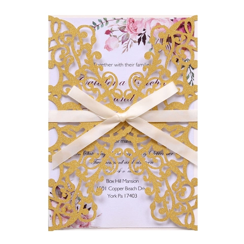 Lot de Cartes d'Invitation de Mariage Pailletées Découpées au Laser Avec Enveloppe Ruban pour Fiançailles Anniversaire Fête
