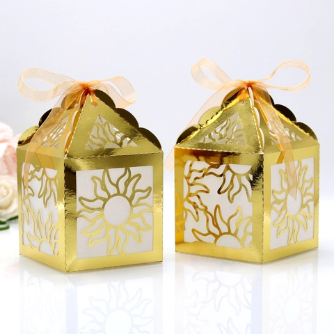 Caja de Regalo de Papel Dorado con Corte Láser y Patrón de Sol para Boda Fiesta Empaque de Dulces con Cinta Caja Decorativa de Lujo