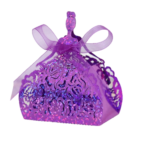 Laser Cut Princess Dress Shape Glitter Candy Box Wedding Party Favor Gift Packaging Box With Ribbon Rose Pattern