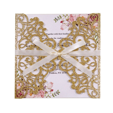 Carte d'Invitation Mariage Découpe Laser Européenne Luxueuse Carte de Vœux Évidée Avec Nœud en Satin pour Fiançailles