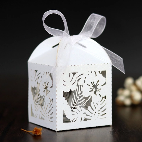 Caja de Caramelos de Flor de Hoja Tropical de Corte Láser Caja de Regalo de Papel Perlado Con Cinta para Fiesta de Boda
