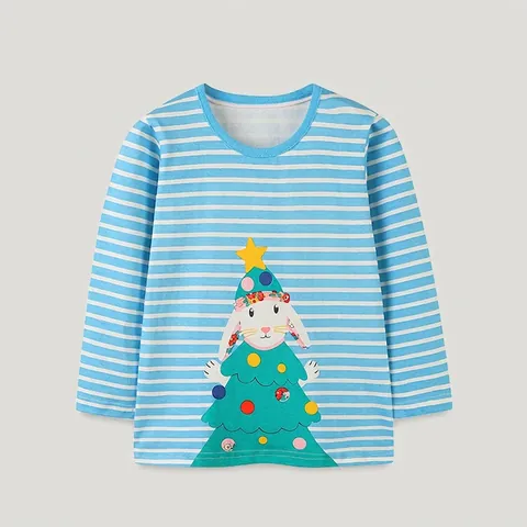 Maglietta a Maniche Lunghe per Bambini con Stampa Coniglio di Natale a Righe in Cotone Girocollo Pullover Casual Autunno