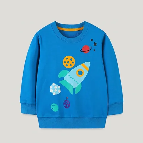 Sweatshirt Enfant Garçon Col Rond 100% Coton Manches Longues Pullover Cartoon Fusée Espace Imprimé Automne Haut Décontracté