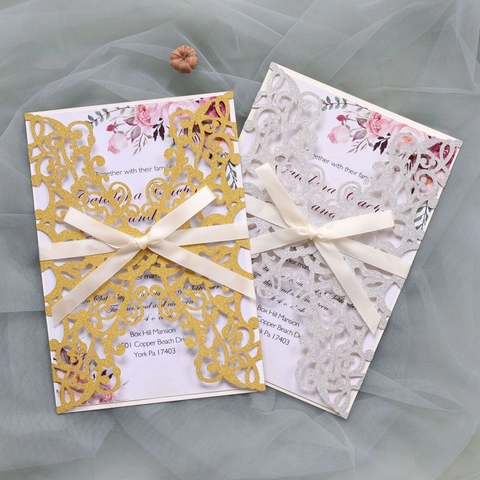 Lot de Cartes d'Invitation de Mariage Pailletées Découpées au Laser Avec Enveloppe Ruban pour Fiançailles Anniversaire Fête