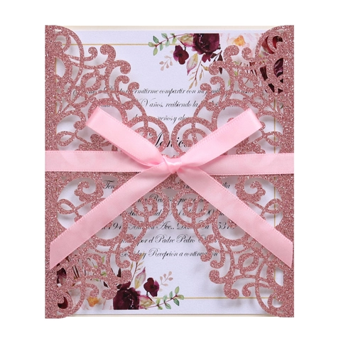 Eleganti Inviti di Nozze Tagliati al Laser Biglietti d'Auguri Glitterati con Nastro di Raso Invito per Matrimonio Festa San Valentino
