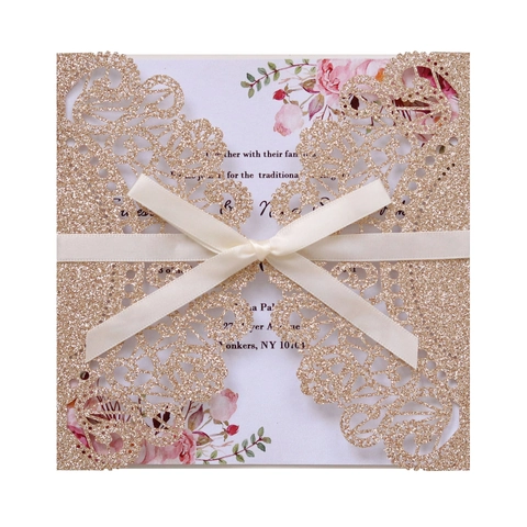 Inviti di Matrimonio Tagliati al Laser Glitter Con Biglietto Interno Floreale Fiocco di Nastro Buste Eleganti Per Festa