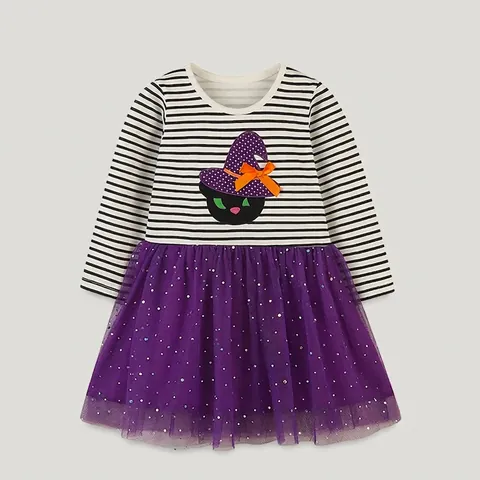 Abito a Maniche Lunghe da Ragazza per Halloween Top a Righe Bianche e Nere Gonna in Tulle di Mesh Viola Con Ricamo a Gatto Paillettes