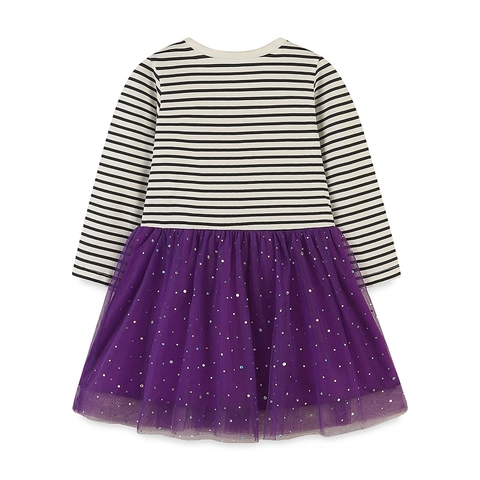 Abito a Maniche Lunghe da Ragazza per Halloween Top a Righe Bianche e Nere Gonna in Tulle di Mesh Viola Con Ricamo a Gatto Paillettes