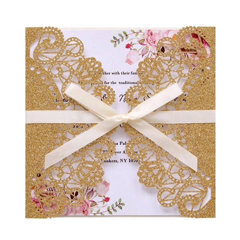 Inviti di Matrimonio Tagliati al Laser Glitter Con Biglietto Interno Floreale Fiocco di Nastro Buste Eleganti Per Festa