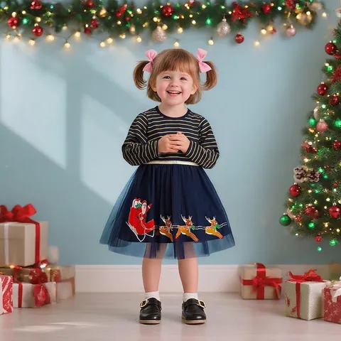 Abito Natalizio da Ragazza con Ricamo Babbo Natale e Renna a Righe Blu Navy Patchwork in Maglia Manica Lunga in Tulle per Festa