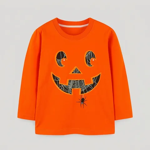 Maglietta a Maniche Lunghe per Bambini Halloween Zucca Fluorescente 100% Cotone Ragazzi Ragazze Autunno Casual Girocollo