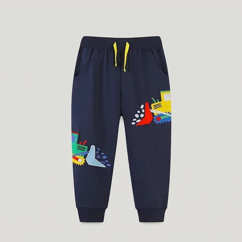 Jungen Gekämmte Baumwolle Jogginghose Mit Bagger-Stickerei Marineblau Elastischer Bund Gerippte Bündchen Sportliche Kleinkindhose