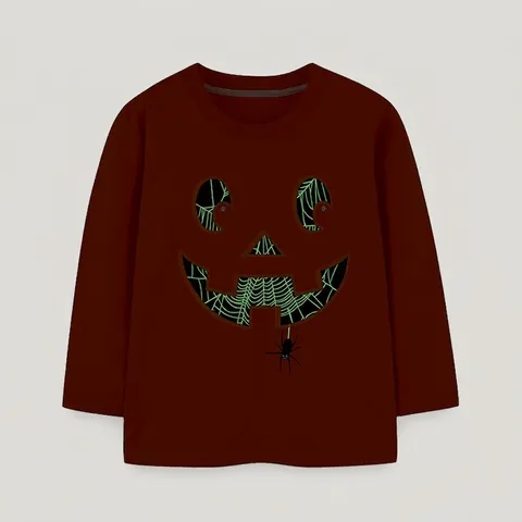 Maglietta a Maniche Lunghe per Bambini Halloween Zucca Fluorescente 100% Cotone Ragazzi Ragazze Autunno Casual Girocollo