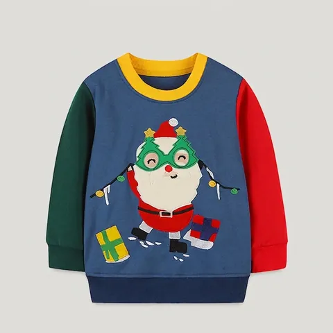 Kinderen Kerst Kerstman Geborduurd Kleurblok Sweatshirt Katoen Pullover Lange Mouwen Feestelijke Top Jongens Kleding