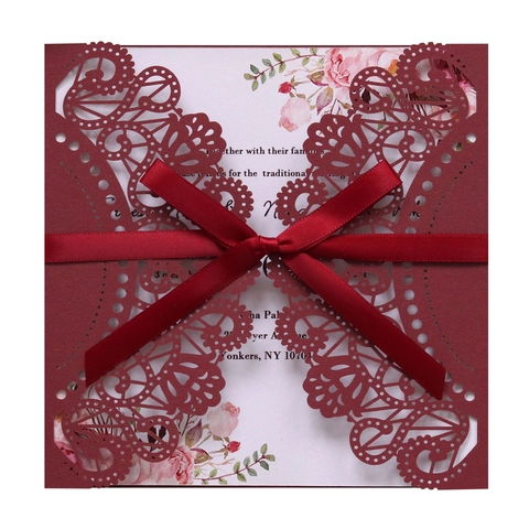 Elegant Laser Cut Wedding Invitation Cards With Ribbon Bow Floral Printed Inner Sheet For Marriage Engagement Party