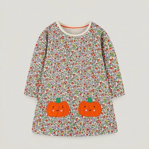 Girls Halloween Pumpkin Embroidery Floral Long Sleeve Cotton Dress Autumn Kids Pastoral Style Princess Party Apparel
