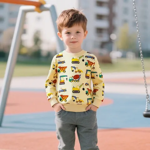 Felpa da Bambino con Stampa di Veicoli da Cantiere Cartoon Girocollo a Maniche Lunghe in Cotone Pullover Autunnale Casual