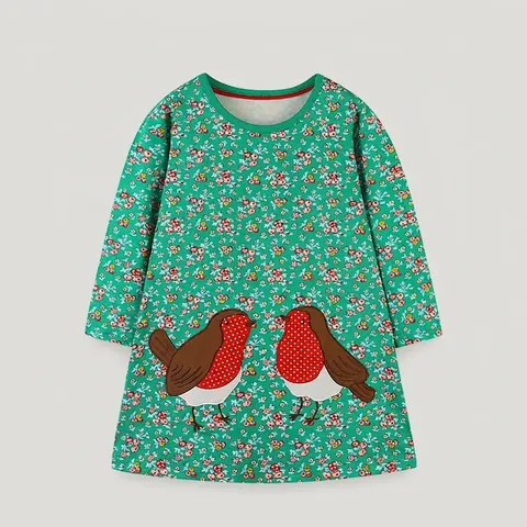 Vestito da Bambina a Maniche Lunghe Verde Floreale Con Toppa Ricamata a Forma di Uccello Dolce Principessa Cotone per Autunno Primavera