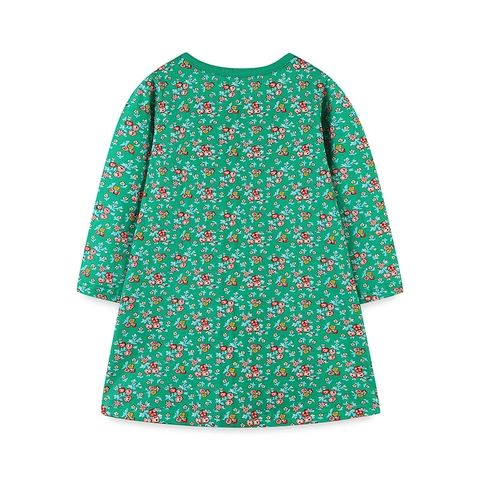 Vestito da Bambina a Maniche Lunghe Verde Floreale Con Toppa Ricamata a Forma di Uccello Dolce Principessa Cotone per Autunno Primavera