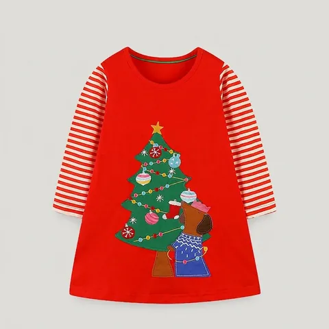 Abito a Maniche Lunghe in Cotone 100% per Ragazze Con Ricamo Albero di Natale Rosso a Righe Patchwork Vestito Festa