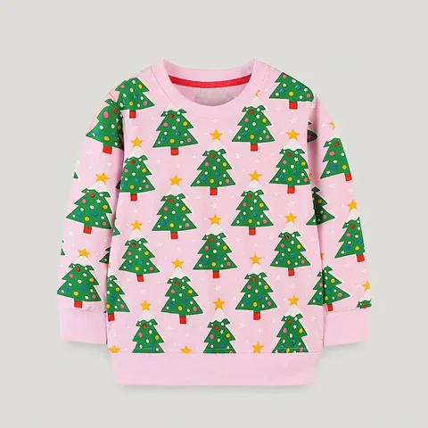 Felpa da Bambina con Stampa Albero di Natale Maglione in Cotone a Maniche Lunghe Rosa Autunno Casual Abbigliamento per Bambini