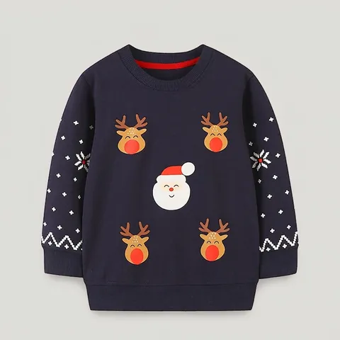 Sweat-shirt Pull de Noël pour Enfants en Pur Coton Manches Longues Imprimé Renne et Père Noël Bleu Marine Automne Hiver