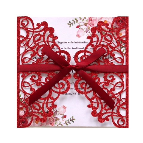 Carte d'Invitation Mariage Découpe Laser Européenne Luxueuse Carte de Vœux Évidée Avec Nœud en Satin pour Fiançailles