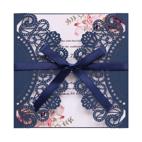 Elegant Laser Cut Wedding Invitation Cards With Ribbon Bow Floral Printed Inner Sheet For Marriage Engagement Party