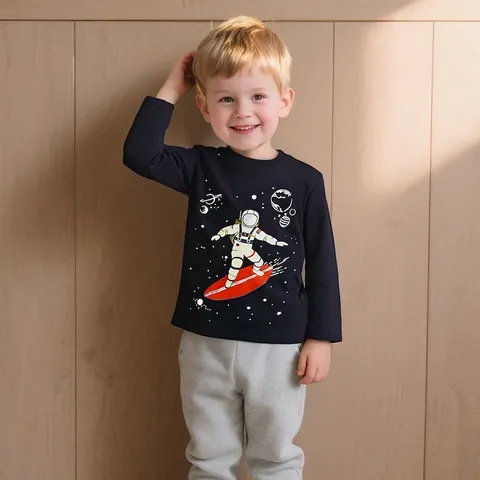 Boys Cotton Long Sleeve T-Shirt Luminous Astronaut Planet Printed Top Autumn Casual Fashion Children Tee Soft Comfy