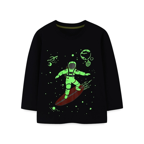 Boys Cotton Long Sleeve T-Shirt Luminous Astronaut Planet Printed Top Autumn Casual Fashion Children Tee Soft Comfy